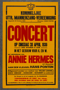 700055 Affiche van een concert van de Koninklijke Utrechtse Mannenzangvereniging met Hans Ponten aan de vleugel en met ...